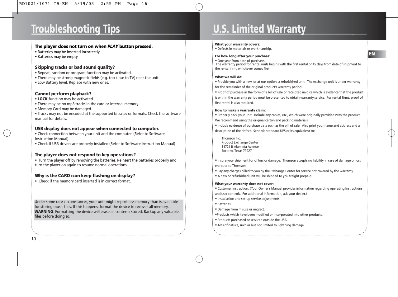 U.s. limited warranty, Troubleshooting tips | RCA RD1028 User Manual | Page 9 / 10