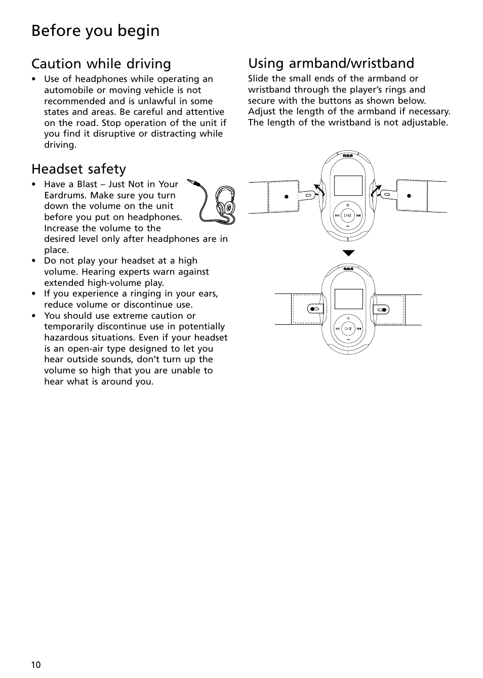 Caution while driving, Headset safety, Using armband/wristband | Before you begin | RCA S2502 User Manual | Page 10 / 41