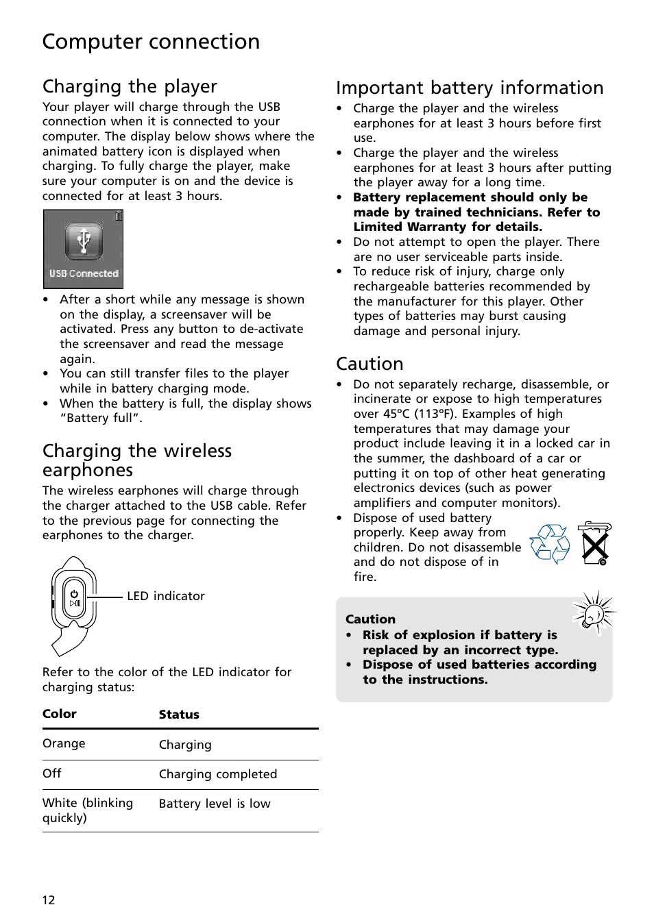 Charging the player, Charging the wireless earphones, Important battery information | Caution, Computer connection | RCA S2502 User Manual | Page 12 / 41
