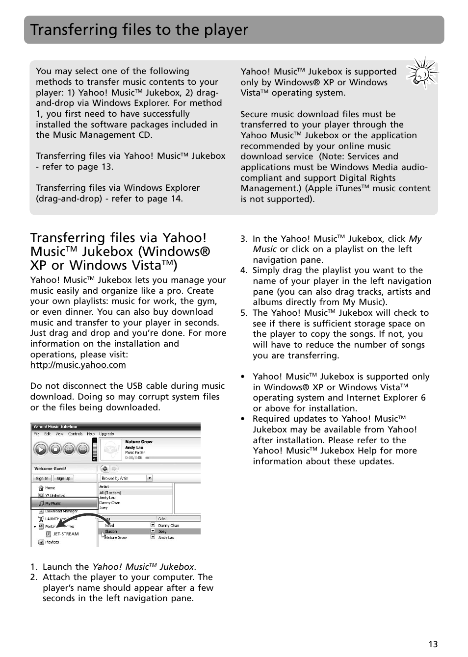 Transferring files to the player, Transferring files via yahoo! music, Jukebox (windows® xp or windows vista | RCA S2502 User Manual | Page 13 / 41