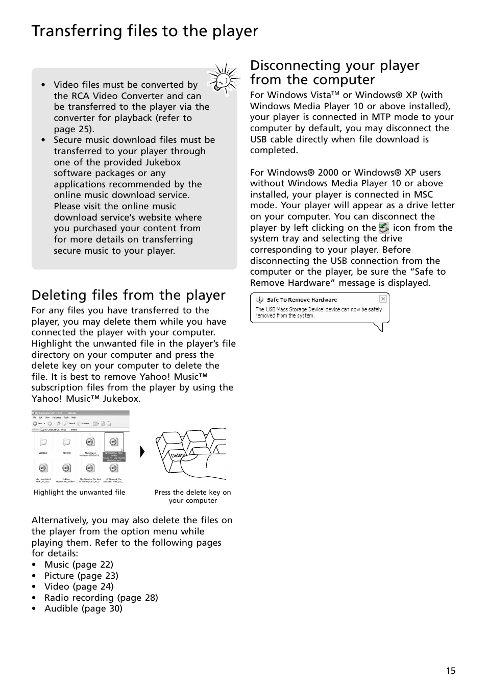 Deleting files from the player, Disconnecting your player from the computer, Transferring files to the player | RCA S2502 User Manual | Page 15 / 41