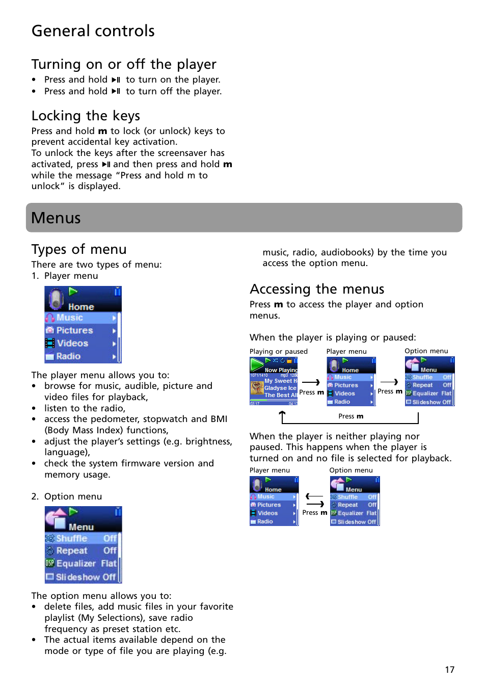 Turning on or off the player, Locking the keys, Menus | Types of menu, Accessing the menus, General controls menus | RCA S2502 User Manual | Page 17 / 41