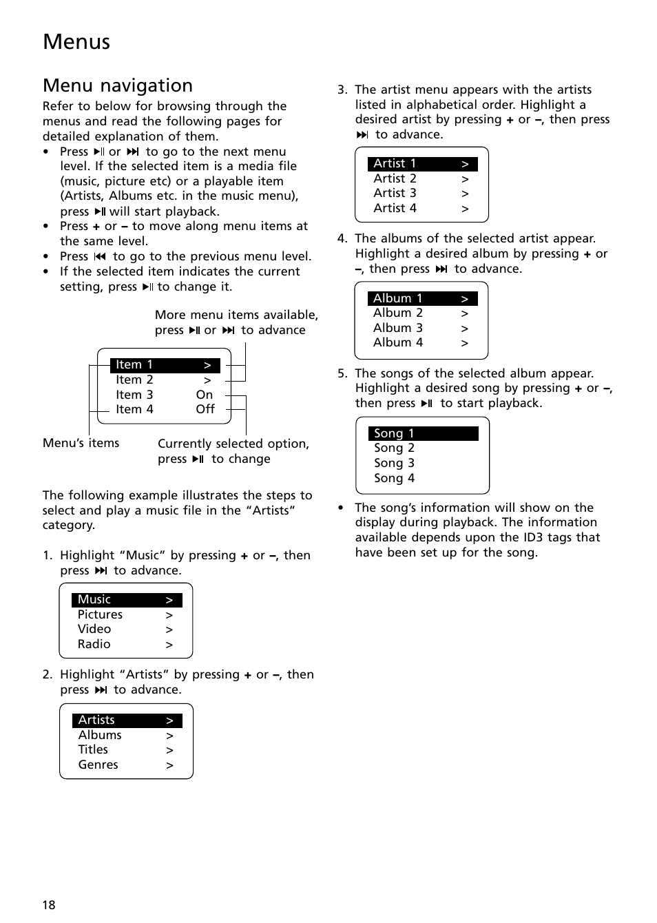 Menu navigation, Menus | RCA S2502 User Manual | Page 18 / 41