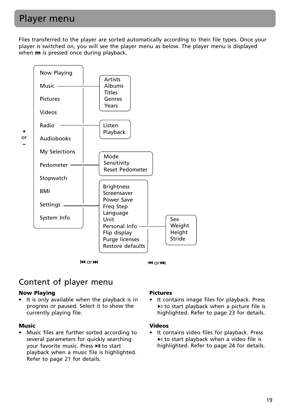 Player menu, Content of player menu | RCA S2502 User Manual | Page 19 / 41