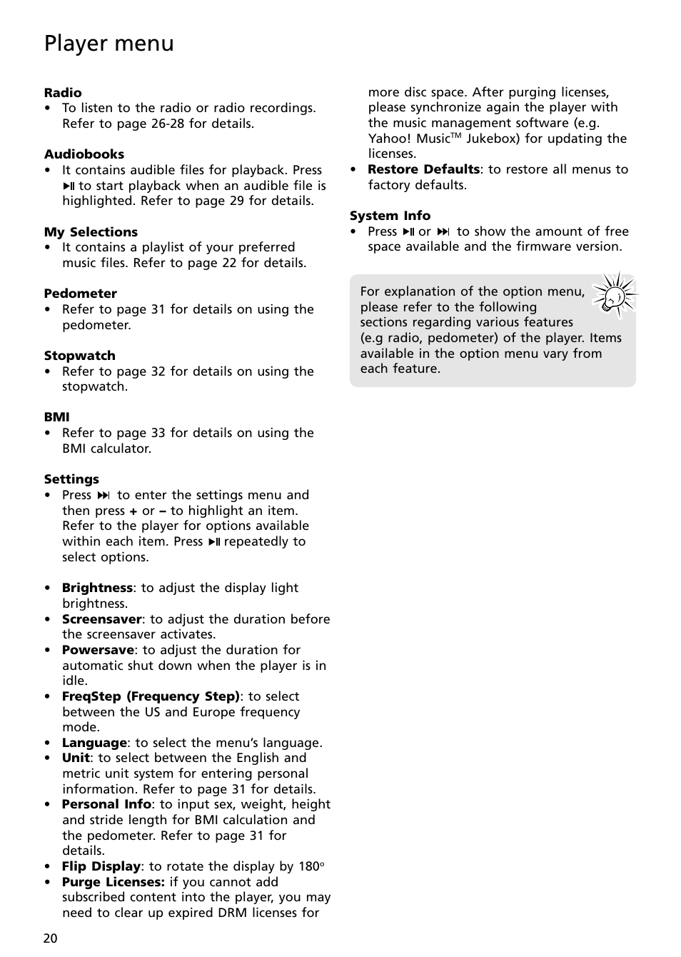 Player menu | RCA S2502 User Manual | Page 20 / 41