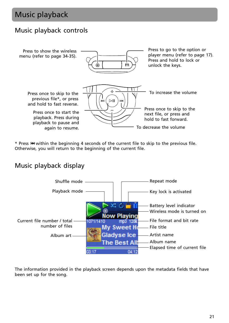 Music playback, Music playback controls, Music playback display | RCA S2502 User Manual | Page 21 / 41