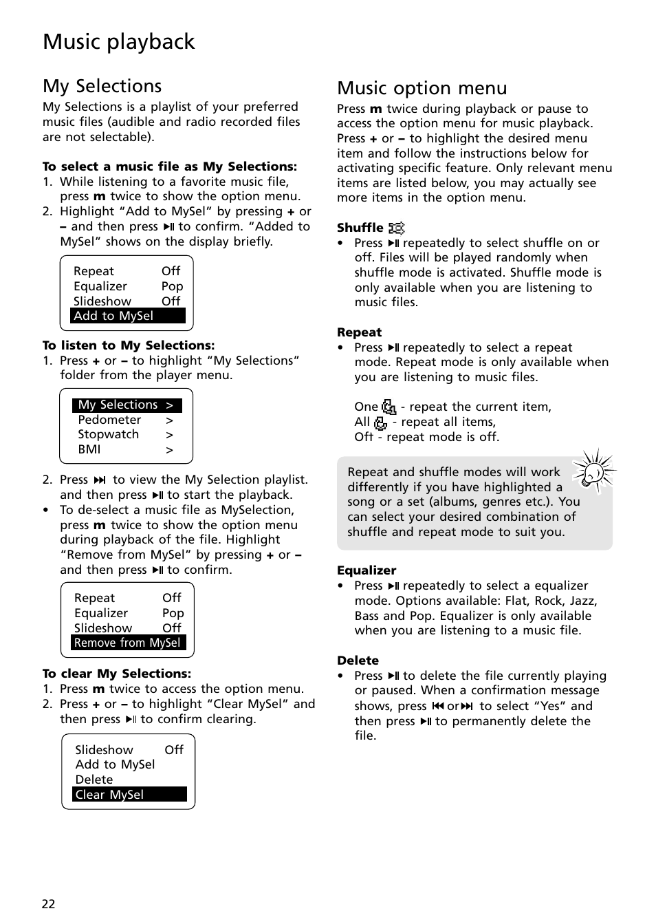 My selections, Music option menu, Music playback | RCA S2502 User Manual | Page 22 / 41