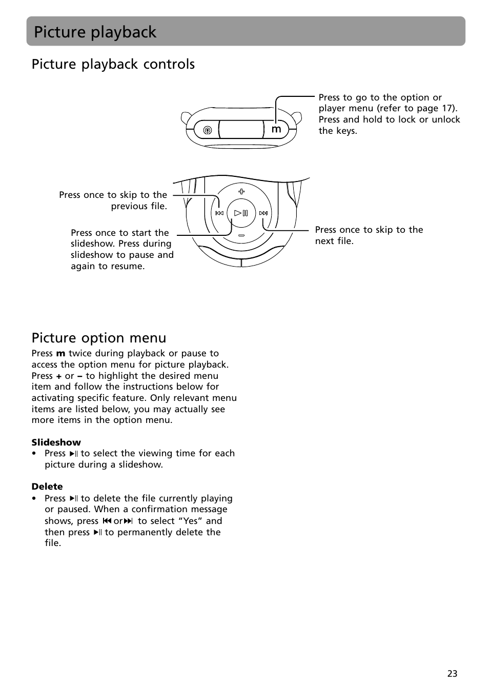 Picture playback, Picture playback controls, Picture option menu | RCA S2502 User Manual | Page 23 / 41