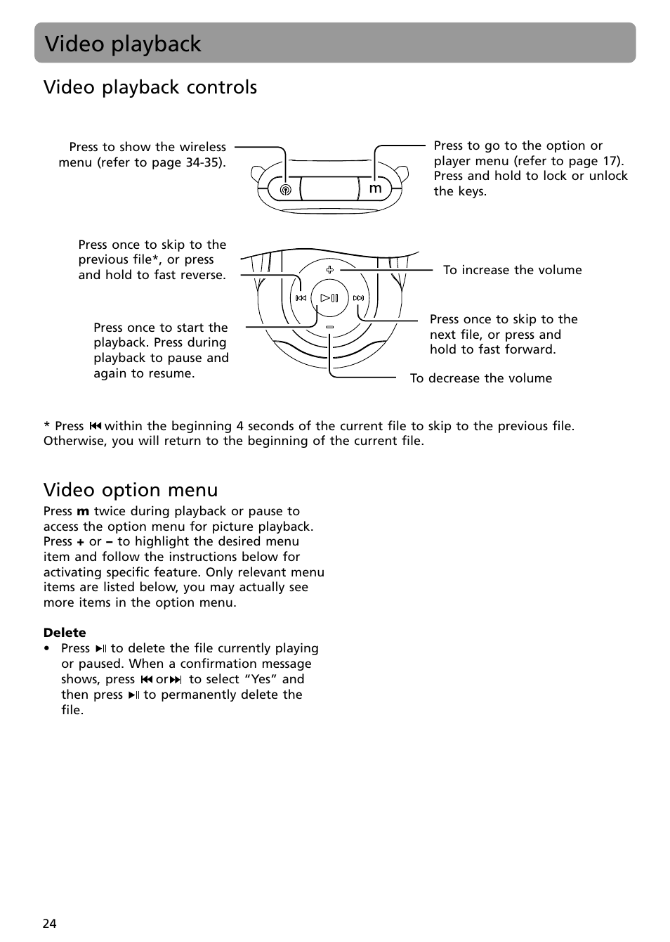 Video playback, Video playback controls, Video option menu | RCA S2502 User Manual | Page 24 / 41