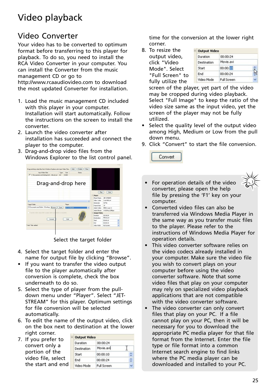 Video converter, Video playback | RCA S2502 User Manual | Page 25 / 41