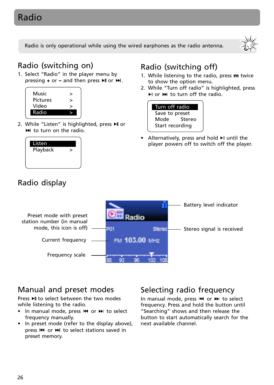 Radio, Radio (switching on), Radio (switching off) | Radio display, Manual and preset modes, Selecting radio frequency | RCA S2502 User Manual | Page 26 / 41