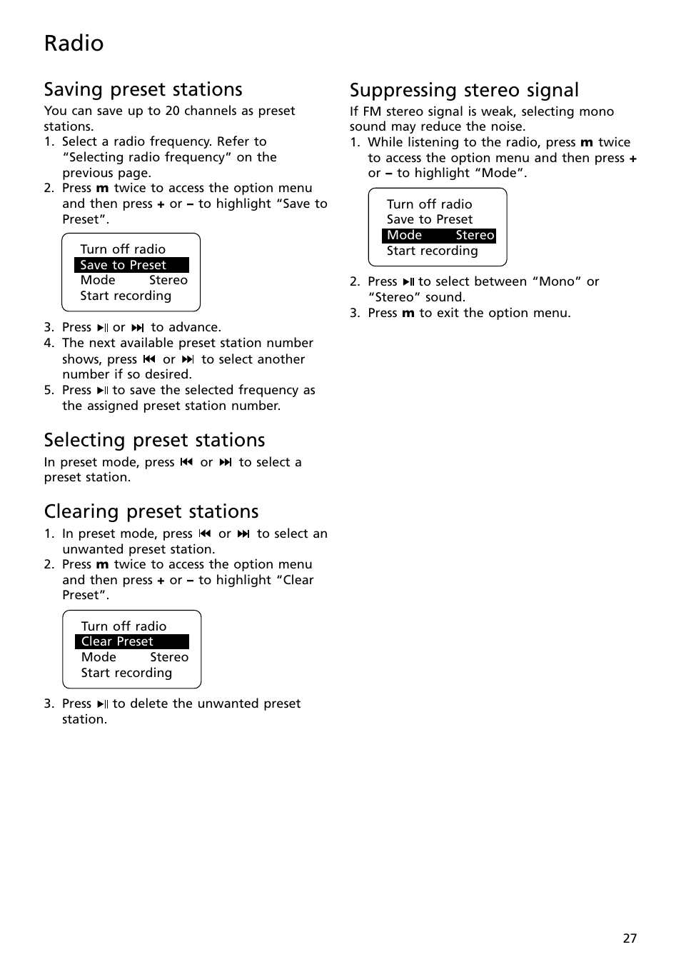 Saving preset stations, Selecting preset stations, Clearing preset stations | Suppressing stereo signal, Radio | RCA S2502 User Manual | Page 27 / 41