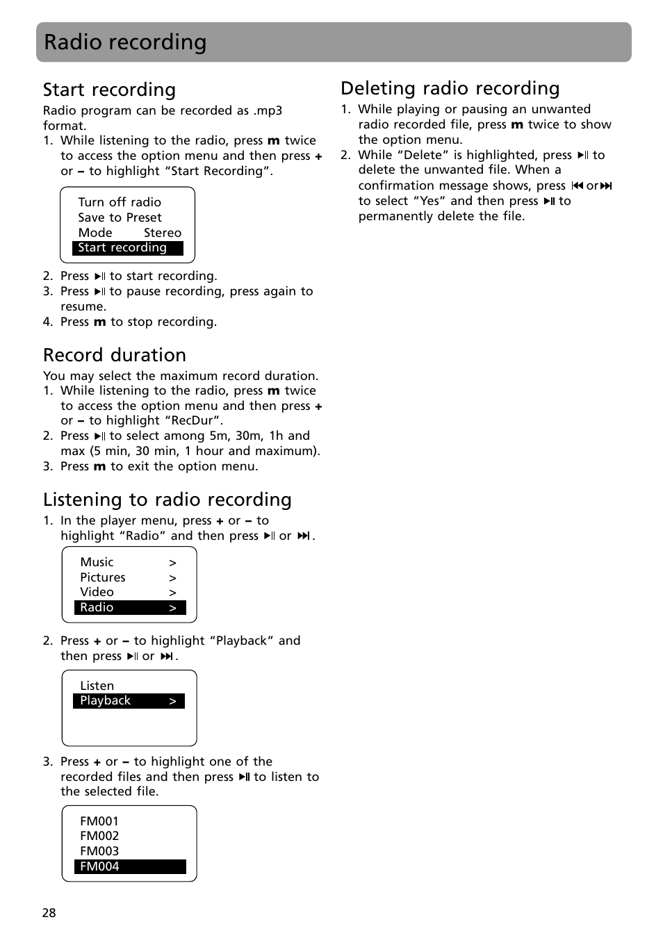 Radio recording, Start recording, Record duration | Listening to radio recording, Deleting radio recording | RCA S2502 User Manual | Page 28 / 41