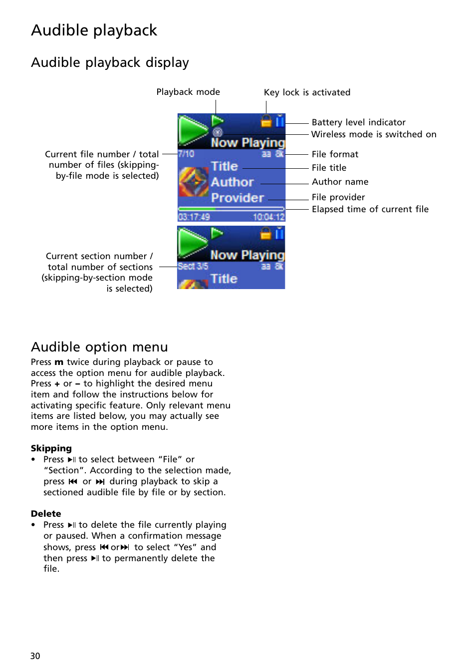 Audible playback display, Audible option menu, Audible playback | RCA S2502 User Manual | Page 30 / 41