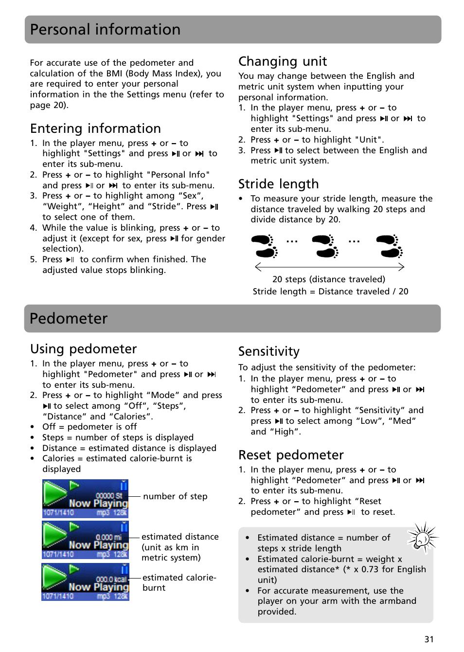 Personal information, Entering information, Changing unit | Stride length, Pedometer, Using pedometer, Sensitivity, Reset pedometer | RCA S2502 User Manual | Page 31 / 41