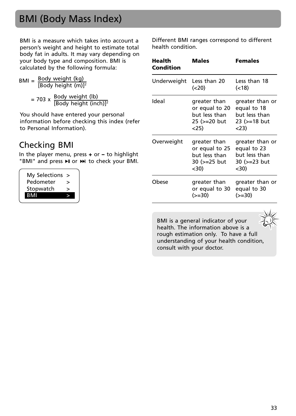 Bmi (body mass index), Checking bmi | RCA S2502 User Manual | Page 33 / 41