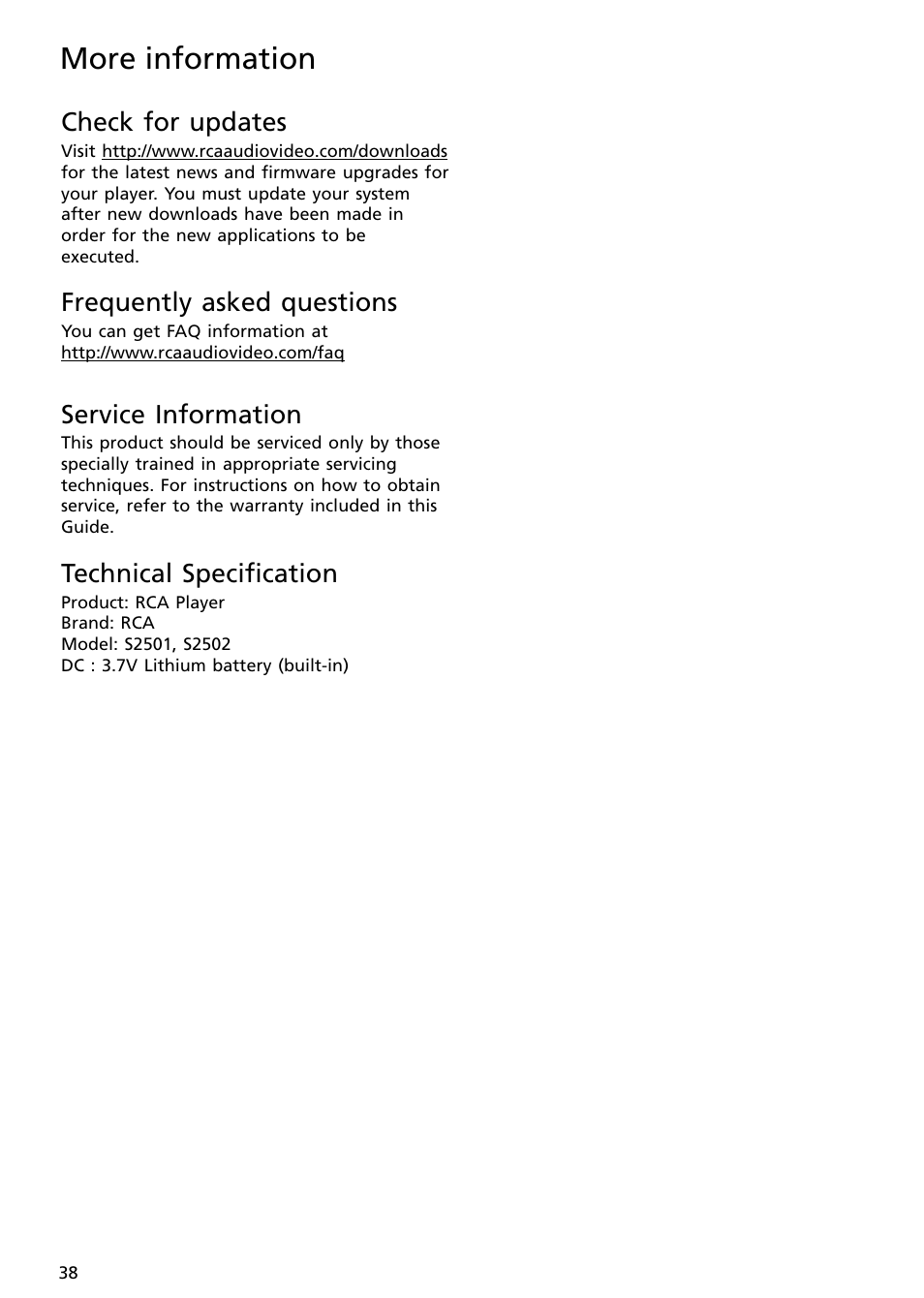 Check for updates, Frequently asked questions, Service information | Technical specification, More information | RCA S2502 User Manual | Page 38 / 41