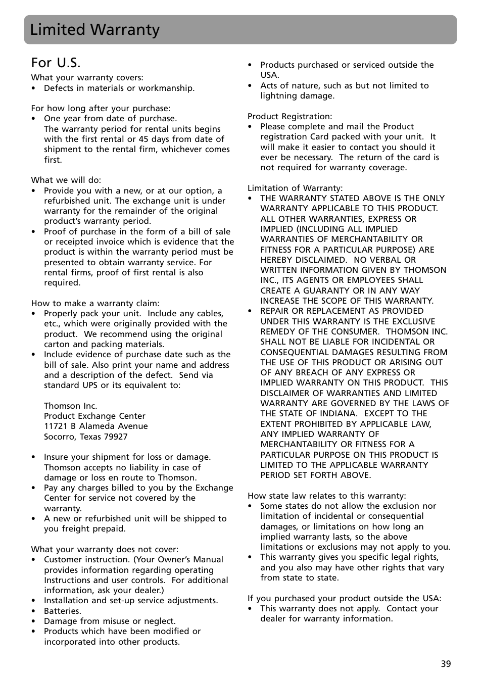 Limited warranty, For u.s | RCA S2502 User Manual | Page 39 / 41