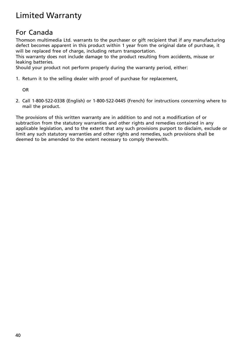 For canada, Limited warranty | RCA S2502 User Manual | Page 40 / 41