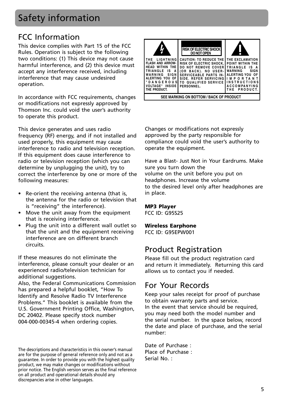 Safety information, Fcc information, Product registration | For your records, Caution | RCA S2502 User Manual | Page 5 / 41