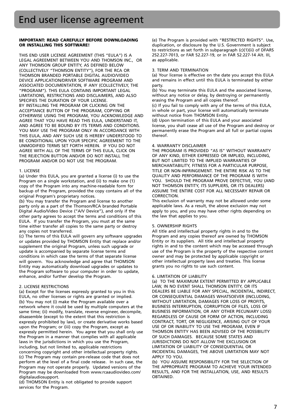 End user license agreement | RCA S2502 User Manual | Page 7 / 41
