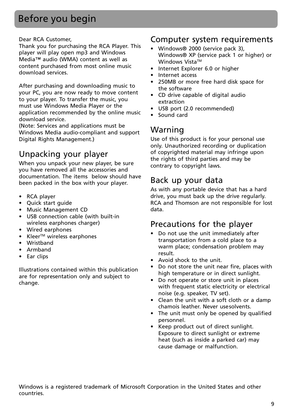 Before you begin, Unpacking your player, Computer system requirements | Warning, Back up your data, Precautions for the player | RCA S2502 User Manual | Page 9 / 41