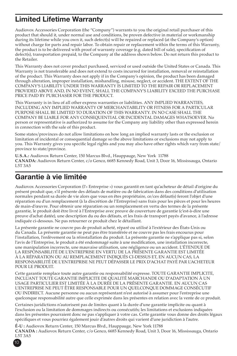 Limited lifetime warranty, Garantie à vie limitée | RCA MAF15BKR User Manual | Page 10 / 12