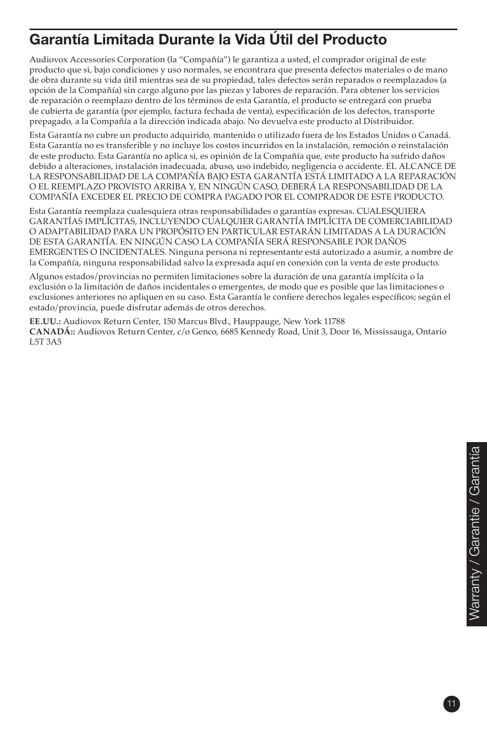 Warranty / garantie / garantía | RCA MAF15BKR User Manual | Page 11 / 12