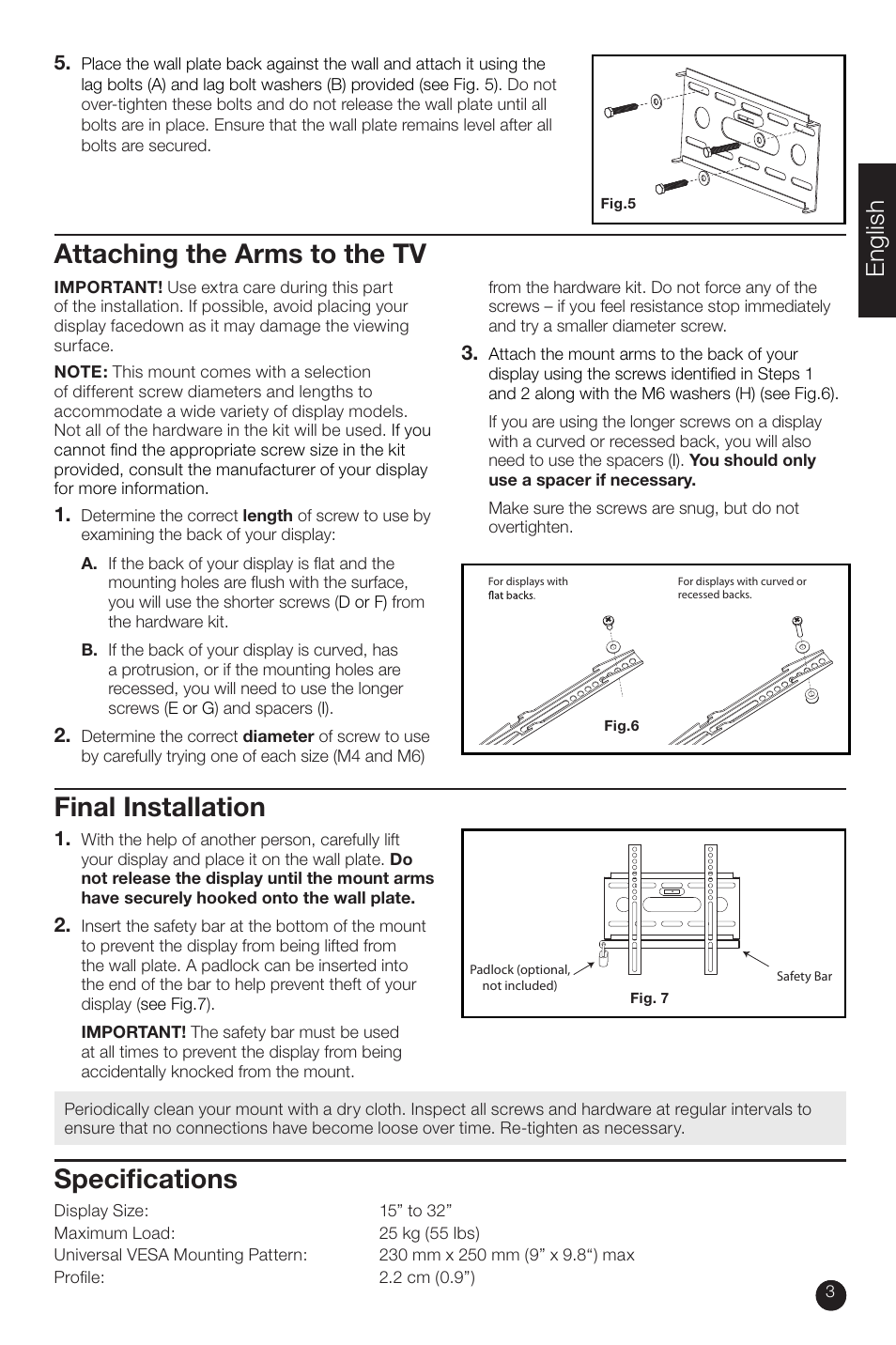 Attaching the arms to the tv, Specifi cations final installation, English | RCA MAF15BKR User Manual | Page 3 / 12