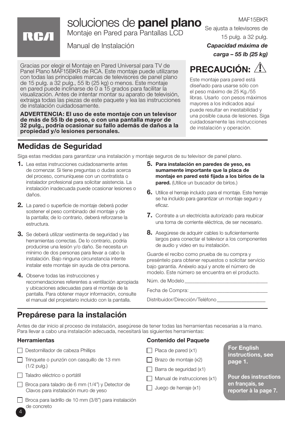 Soluciones de panel plano, Precaución, Medidas de seguridad | Prepárese para la instalación | RCA MAF15BKR User Manual | Page 4 / 12
