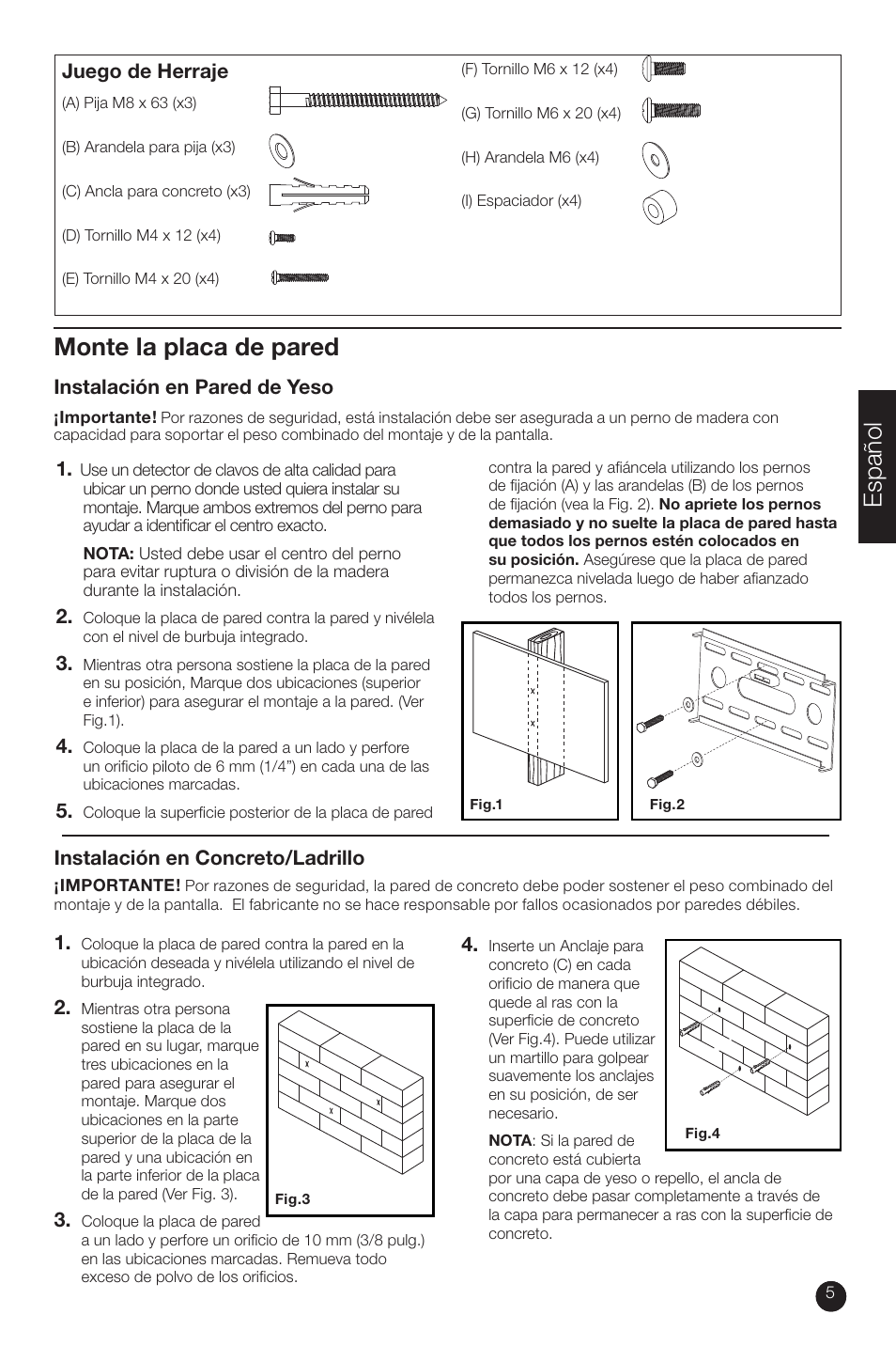 Español, Monte la placa de pared | RCA MAF15BKR User Manual | Page 5 / 12