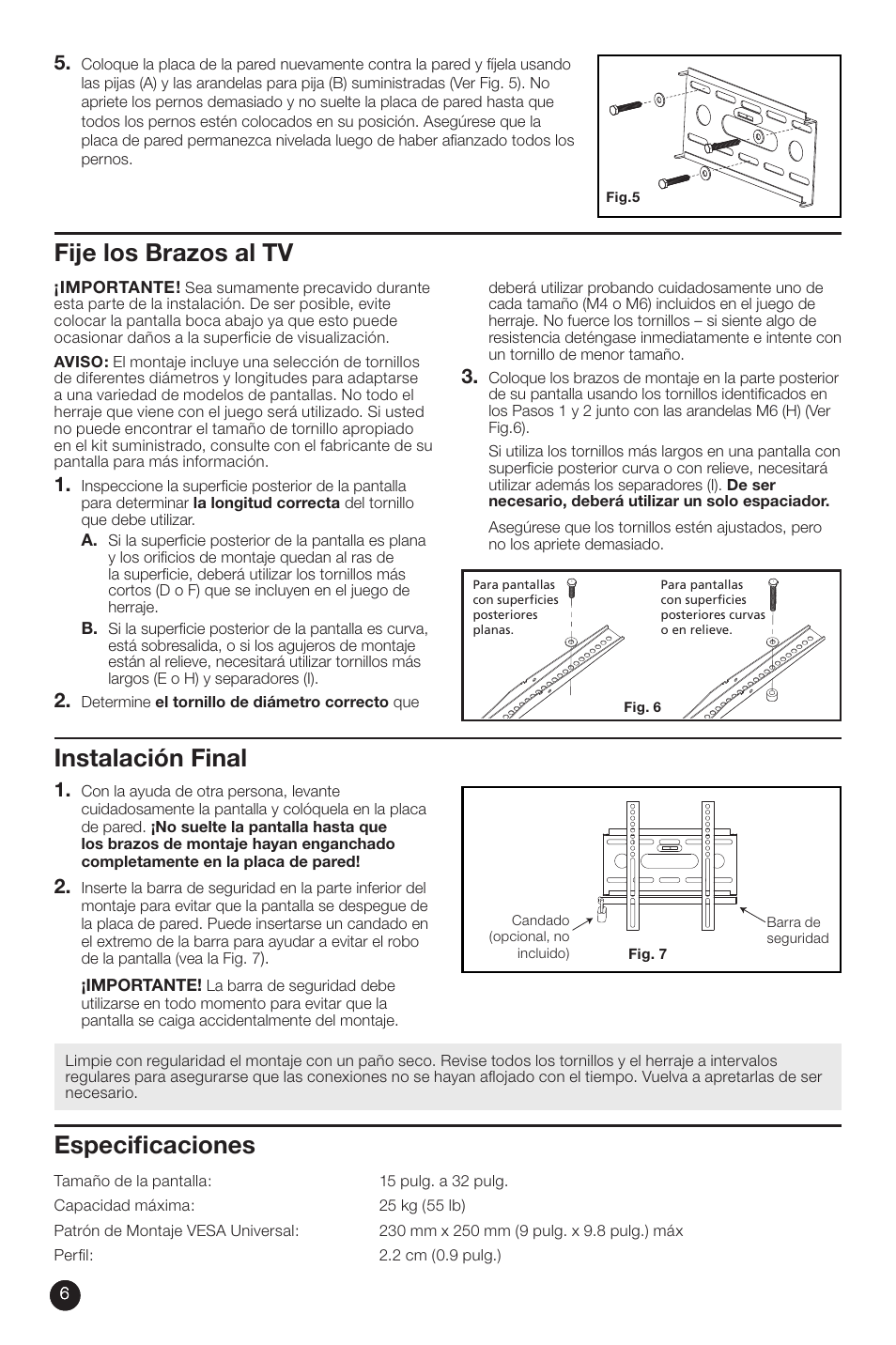 Fije los brazos al tv, Especifi caciones, Instalación final | RCA MAF15BKR User Manual | Page 6 / 12