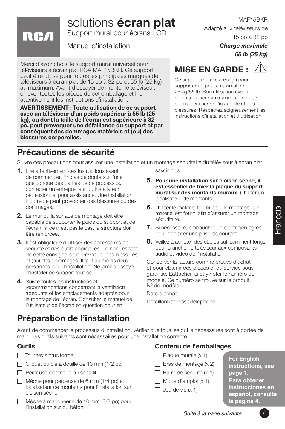 Solutions écran plat, Précautions de sécurité, Préparation de l’installation | Mise en garde, Français | RCA MAF15BKR User Manual | Page 7 / 12