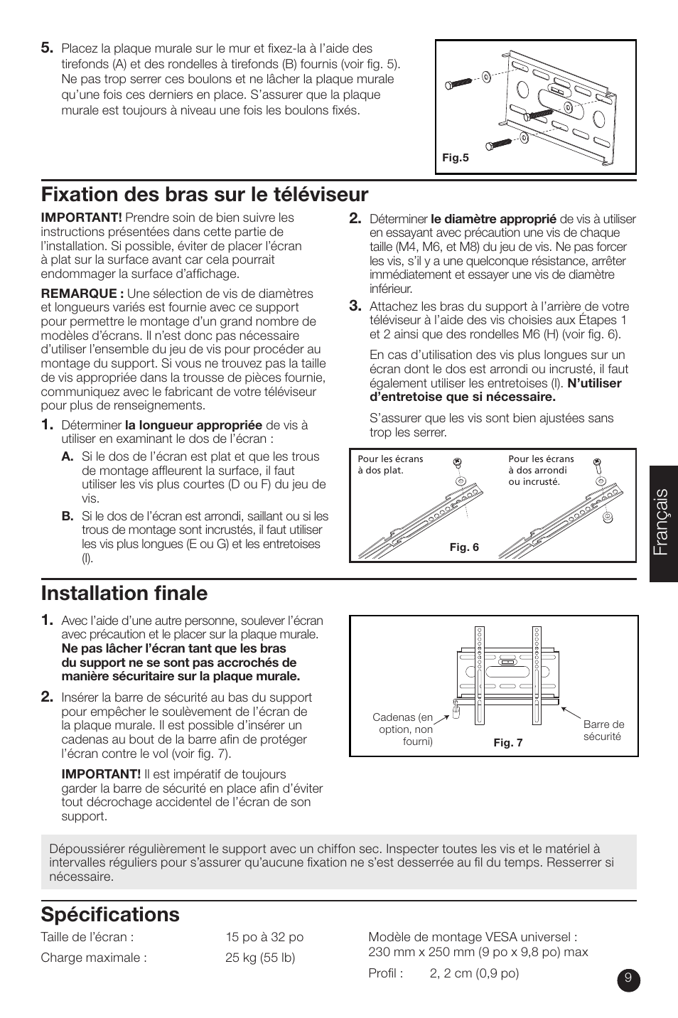 Fixation des bras sur le téléviseur, Spécifi cations, Installation fi nale | Français | RCA MAF15BKR User Manual | Page 9 / 12
