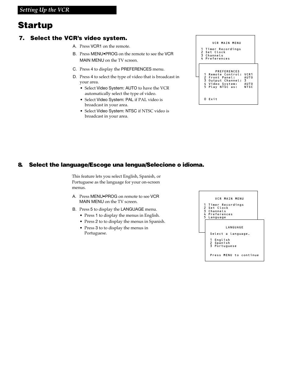 Startup, 9setting up the vcr, Select the vcr’s video system | RCA VGM500 User Manual | Page 11 / 44