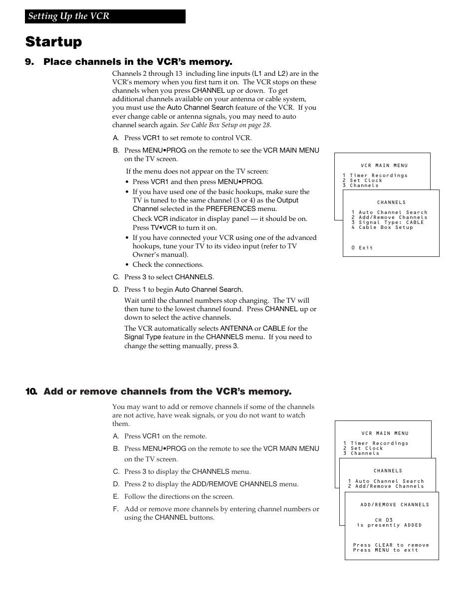 Startup, 10 setting up the vcr | RCA VGM500 User Manual | Page 12 / 44