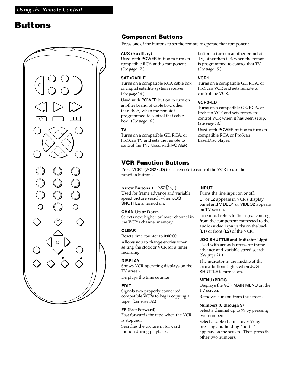 Using the remote control, Component buttons, Buttons | 12 using the remote control, Vcr function buttons | RCA VGM500 User Manual | Page 14 / 44