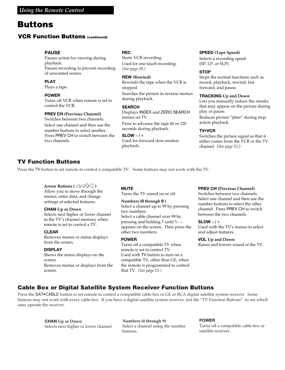 Buttons, 13 using the remote control, Vcr function buttons | Tv function buttons | RCA VGM500 User Manual | Page 15 / 44