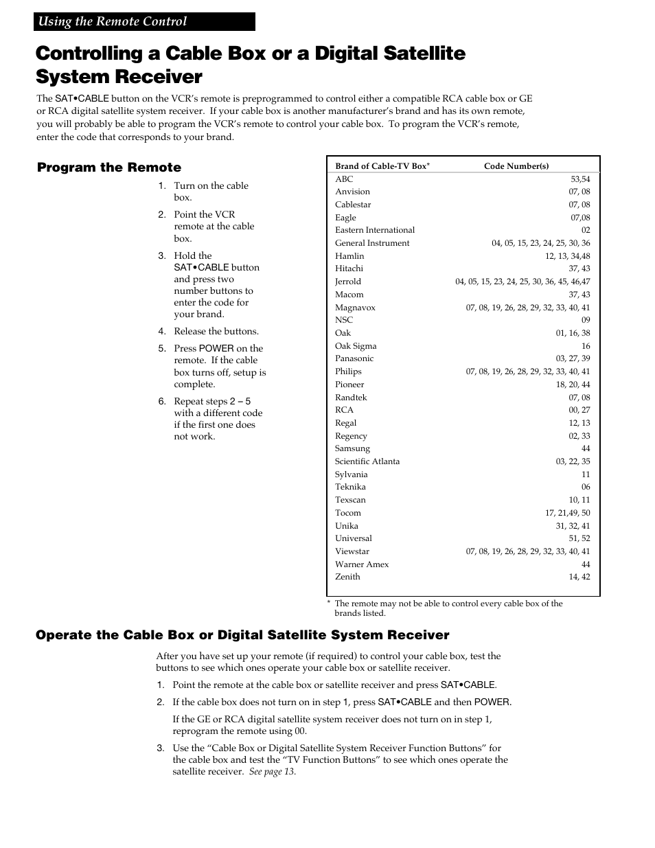 Controlling a cable box or a digital satellite, Program the remote, Using the remote control | RCA VGM500 User Manual | Page 18 / 44