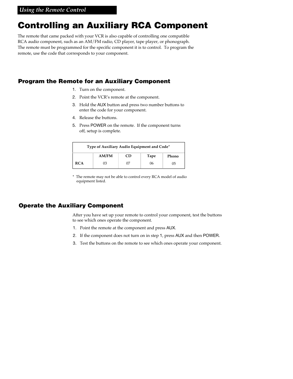 Controlling an auxiliary rca component, Program the remote for an auxiliary component, Operate the auxiliary component | Using the remote control | RCA VGM500 User Manual | Page 19 / 44