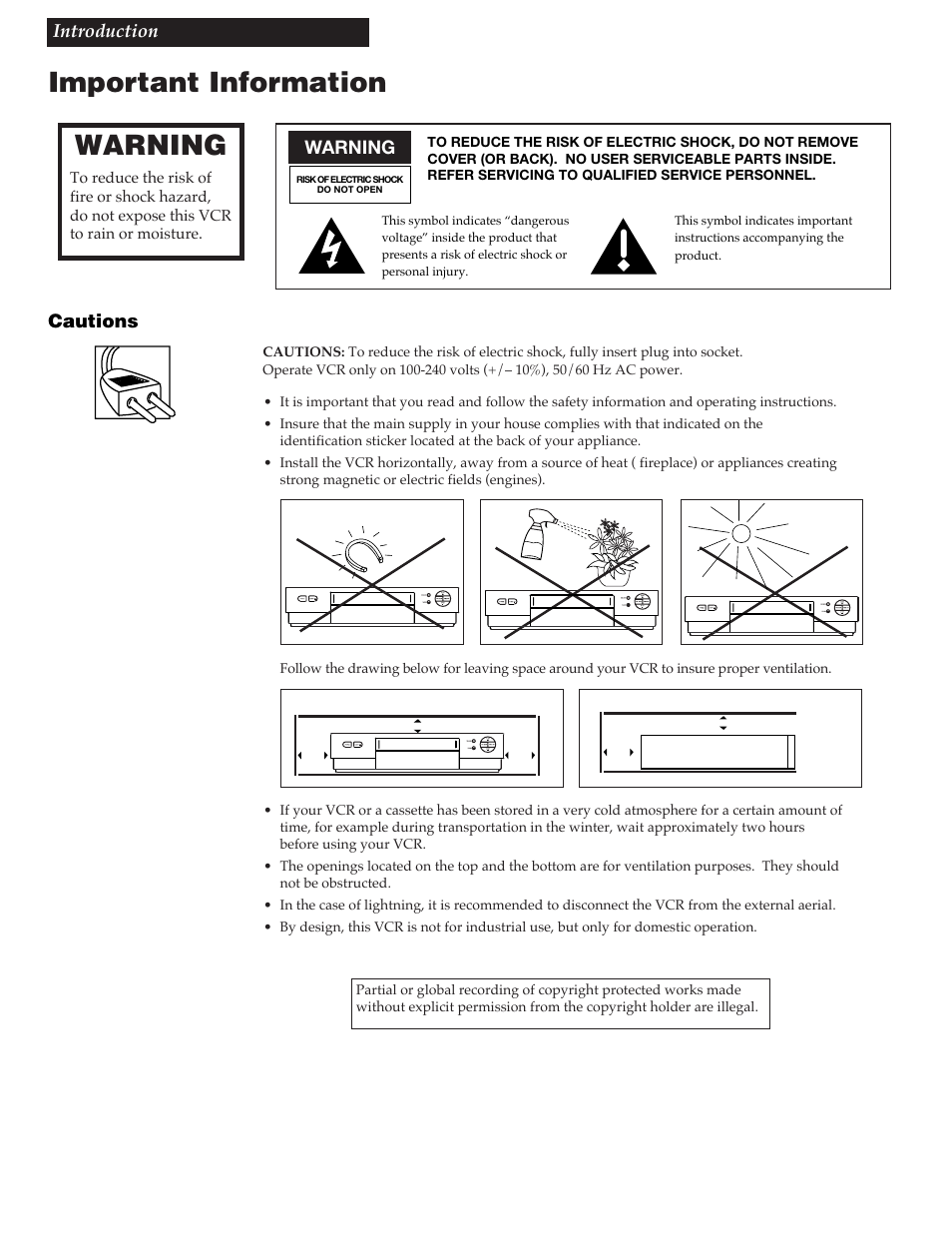 Important information, Warning, Cautions | Iintroduction | RCA VGM500 User Manual | Page 2 / 44