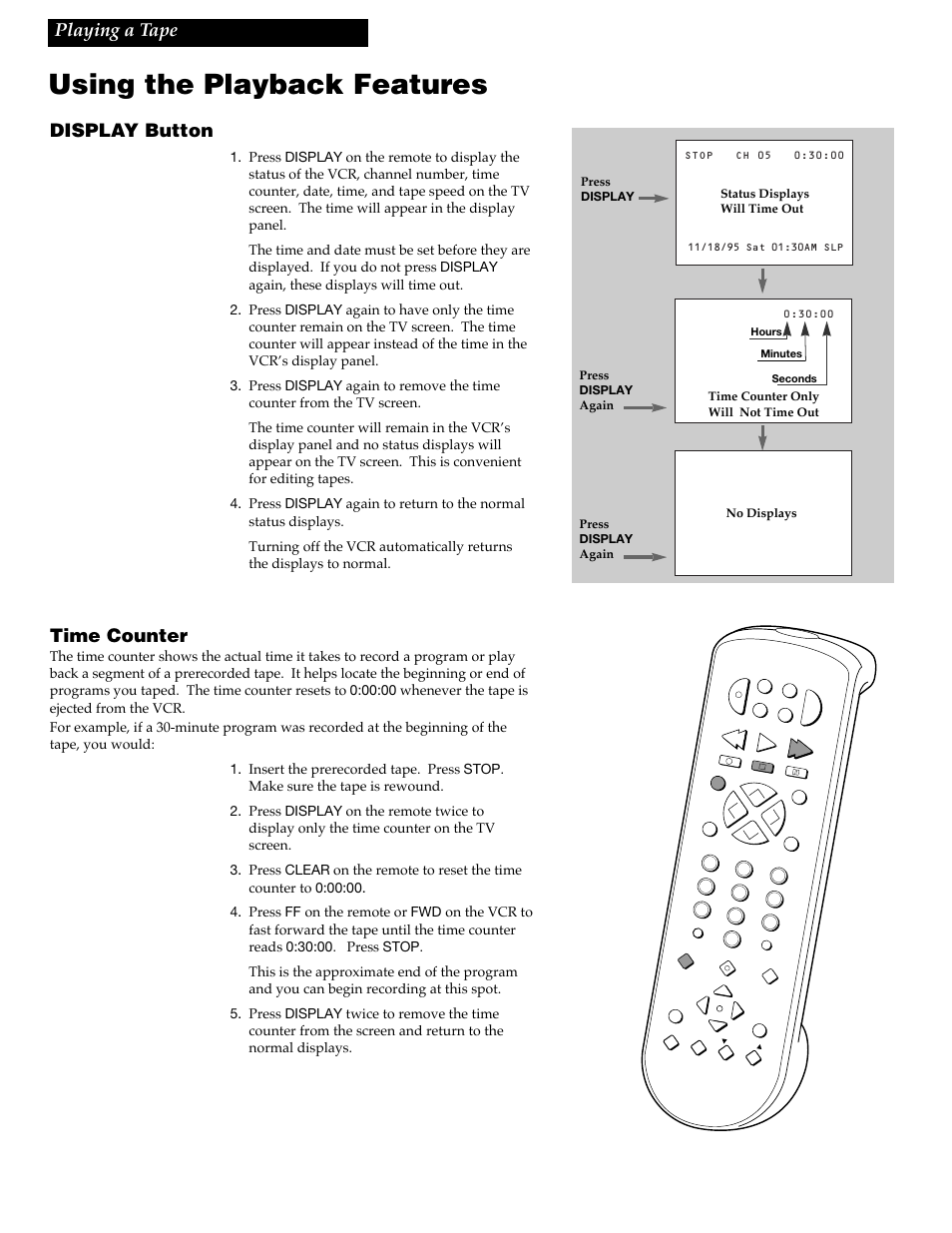 Using the playback features, Playing a tape display button, Time counter | RCA VGM500 User Manual | Page 24 / 44