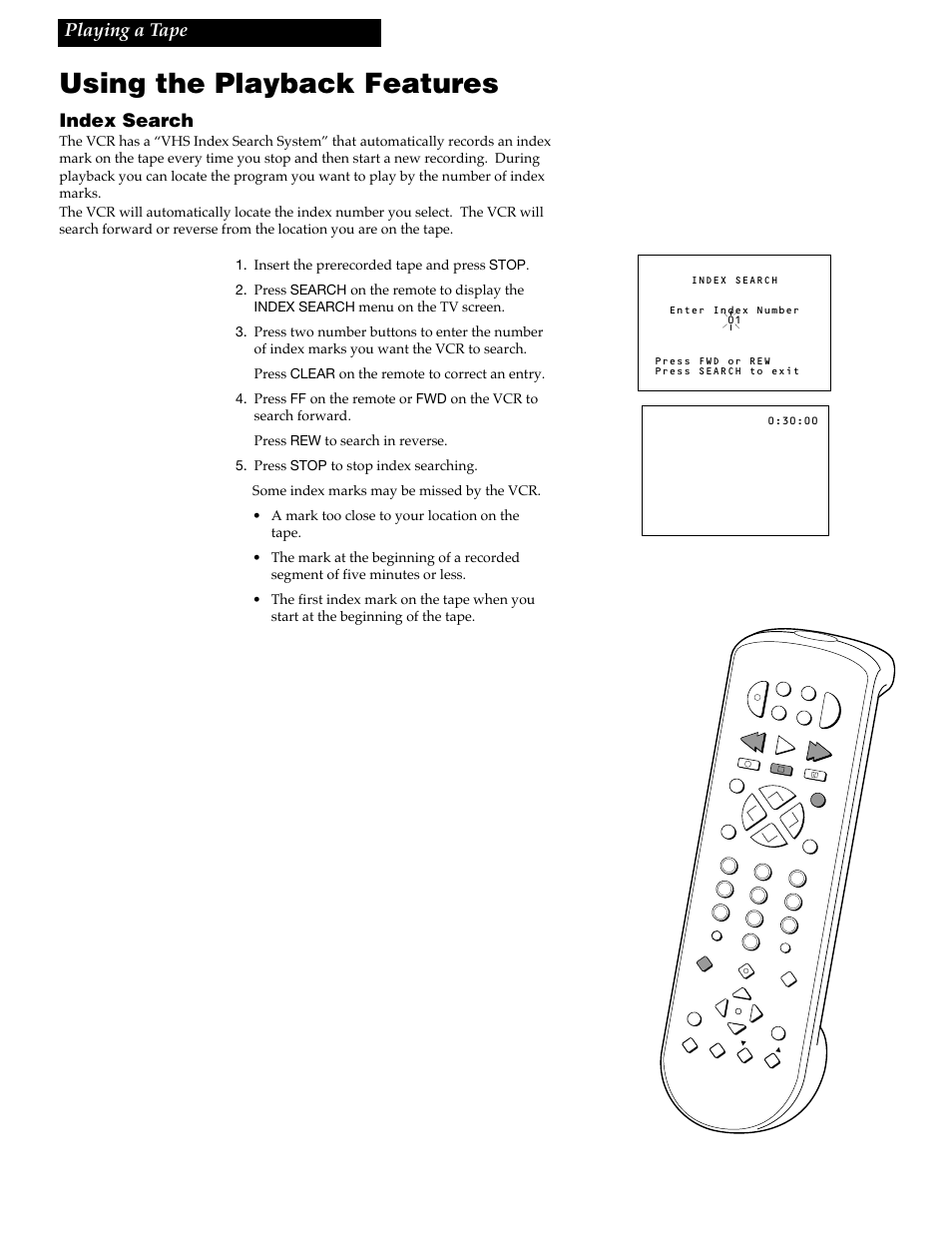 Using the playback features, 23 index search, Playing a tape | RCA VGM500 User Manual | Page 25 / 44