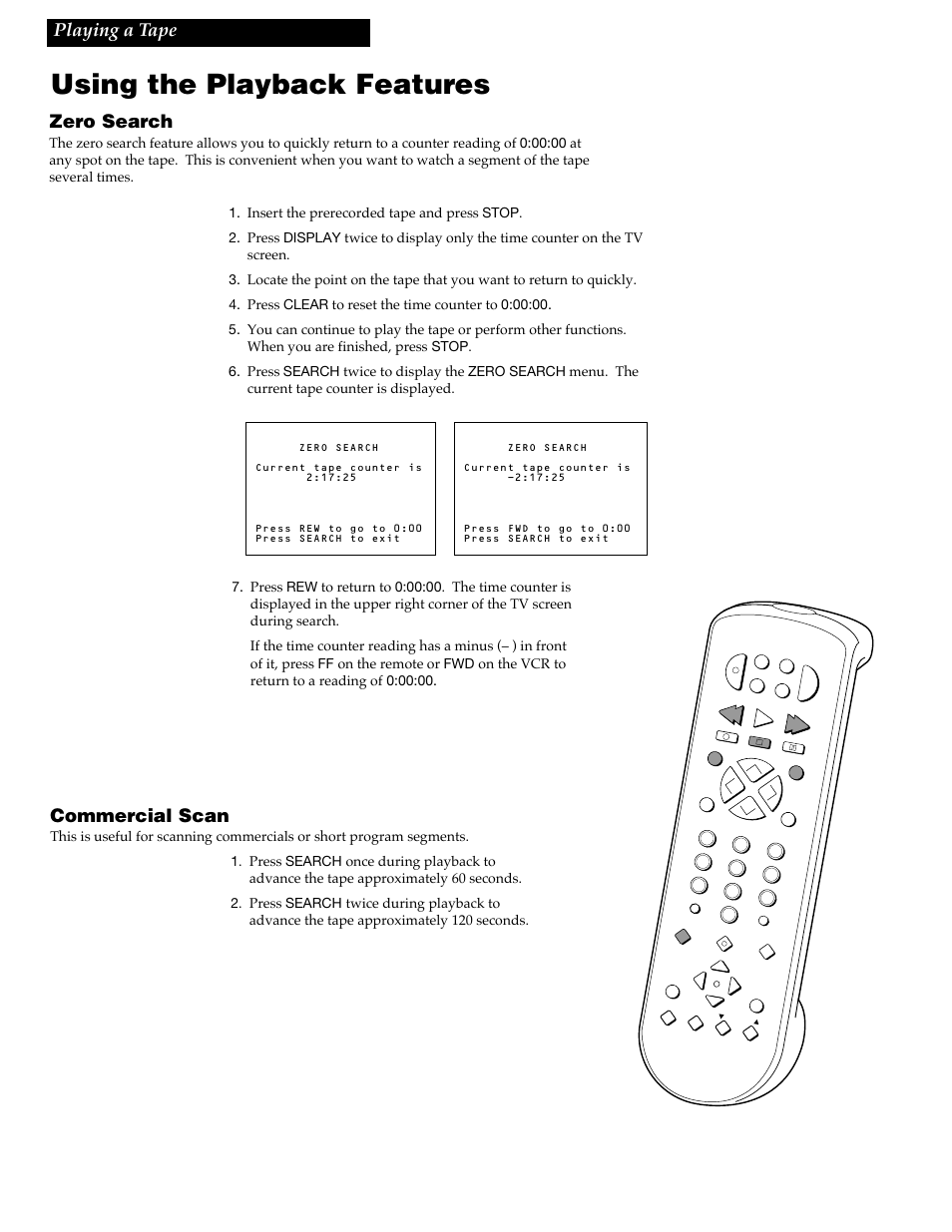 Using the playback features, 24 playing a tape, Zero search | Commercial scan | RCA VGM500 User Manual | Page 26 / 44