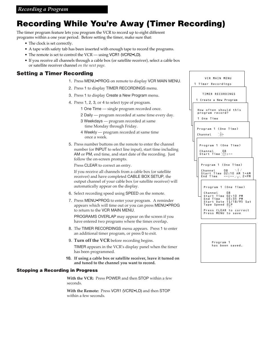 Recording while you’re away (timer recording), 27 recording a program, Setting a timer recording | RCA VGM500 User Manual | Page 29 / 44