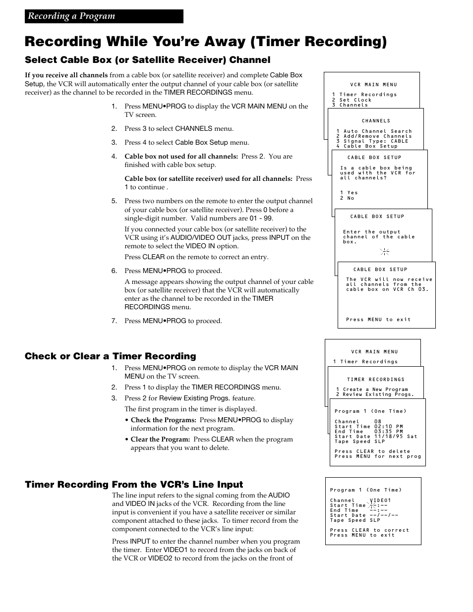 Recording while you’re away (timer recording), Check or clear a timer recording, Timer recording from the vcr’s line input | RCA VGM500 User Manual | Page 30 / 44