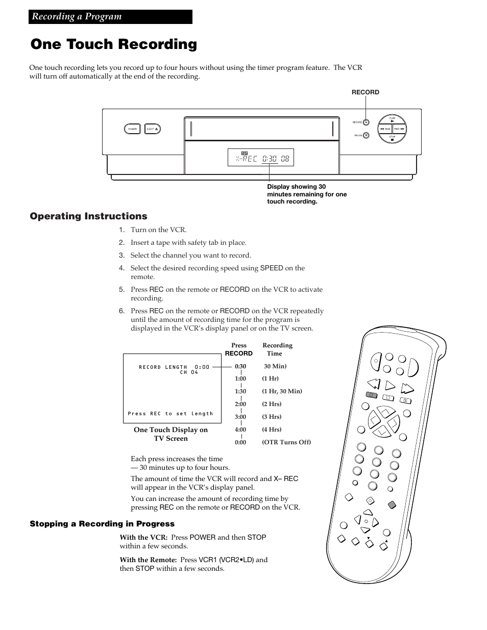 One touch recording, 29 recording a program, Operating instructions | Stopping a recording in progress, One touch display on tv screen | RCA VGM500 User Manual | Page 31 / 44