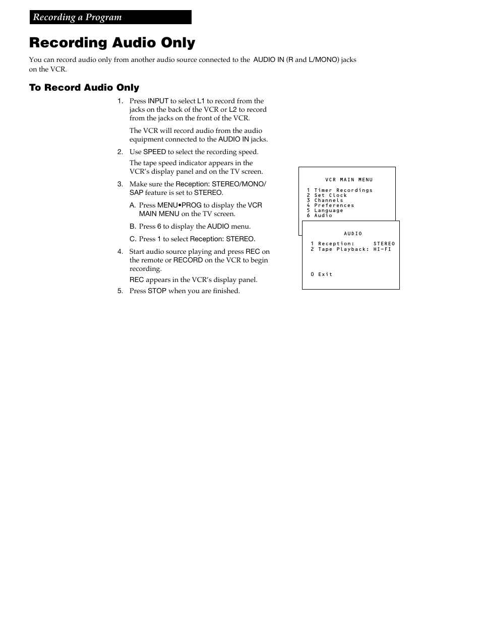Recording audio only, Recording a program | RCA VGM500 User Manual | Page 33 / 44