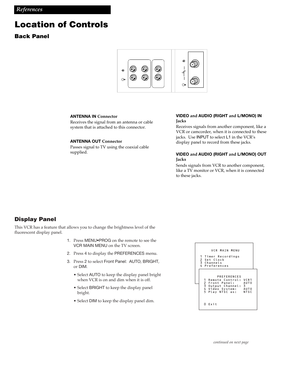 Location of controls, 34 references, Back panel | Display panel | RCA VGM500 User Manual | Page 36 / 44