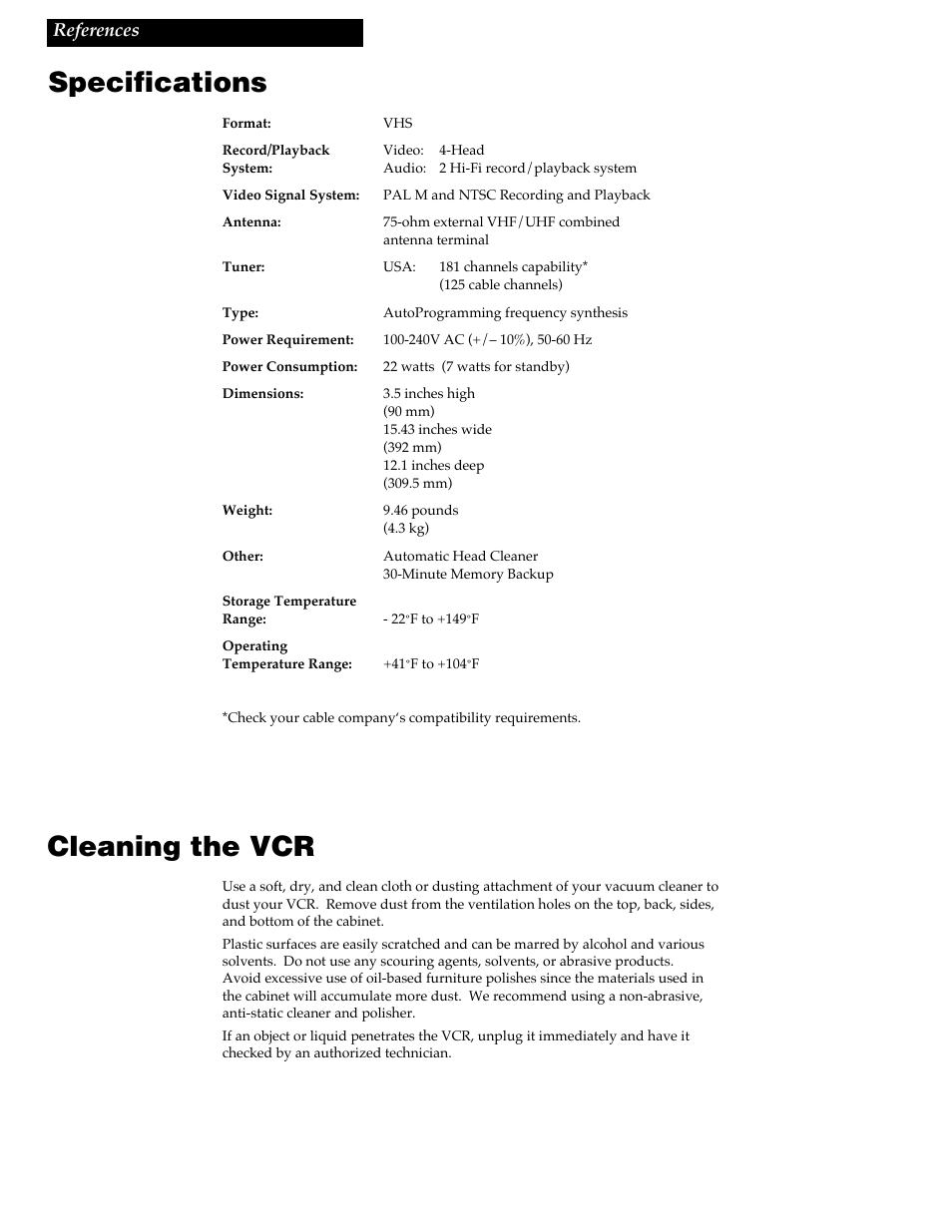 Specifications, Cleaning the vcr | RCA VGM500 User Manual | Page 40 / 44